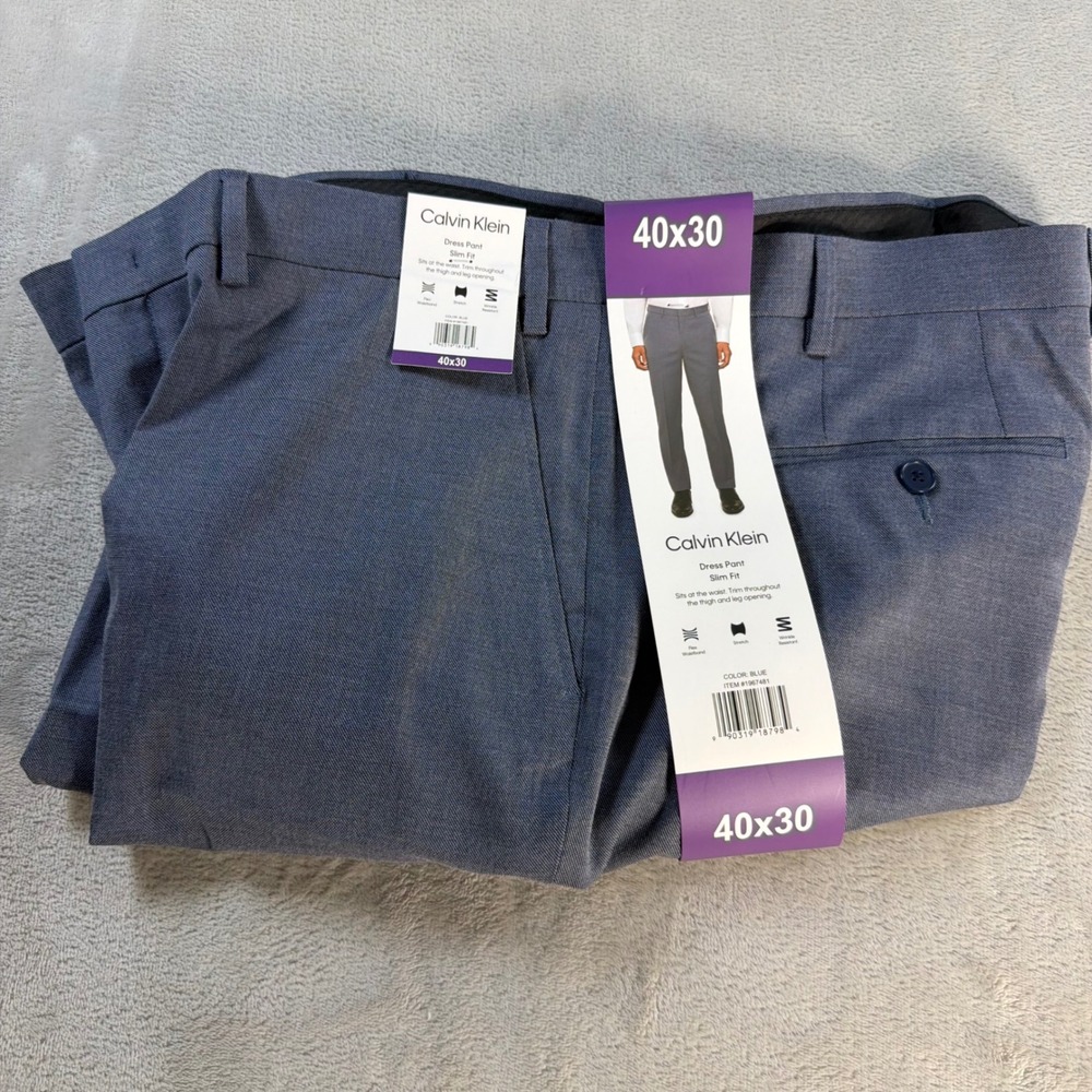 Calvin Klein Dress Pant Slim Fit Mens 40x30 Blue Stretch Wrinkle Resistant New